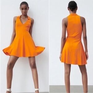 ZARA LAPEL COLLAR RIB SKATER DRESS ORANGE BLOGGERS FAV SZ S
